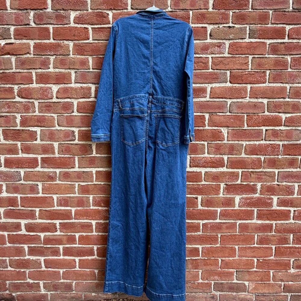 Express Stretch Denim Long Sleeve Button Front Wide Leg Jumpsuit Blue L NEW - Picture 11 of 16